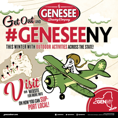 Image depicts the Spring Bock goat flying an airplane with a map of New York state in the background. Text reads- Get out and hastag GeneseeNY this winter with outdoor activities across the state! Visit our webpage for more info on how you can support local! Genesee Brewing Company.