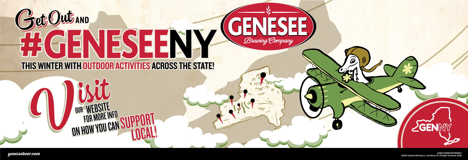 Image depicts the Spring Bock goat flying an airplane with a map of New York state in the background. Text reads- Get out and hastag GeneseeNY this winter with outdoor activities across the state! Visit our webpage for more info on how you can support local! Genesee Brewing Company.