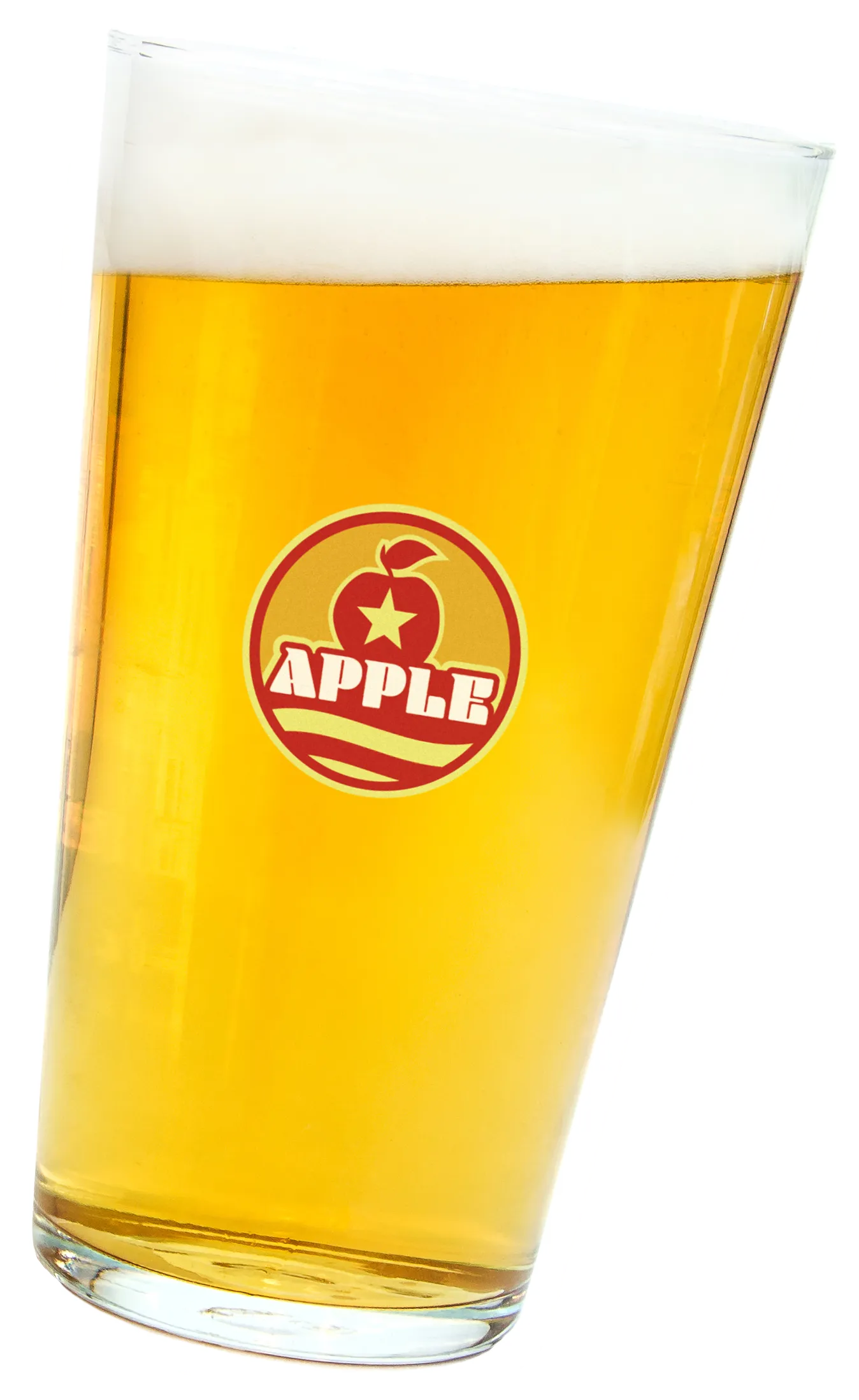 A tilted pint of beer with a "Apple" logo.
