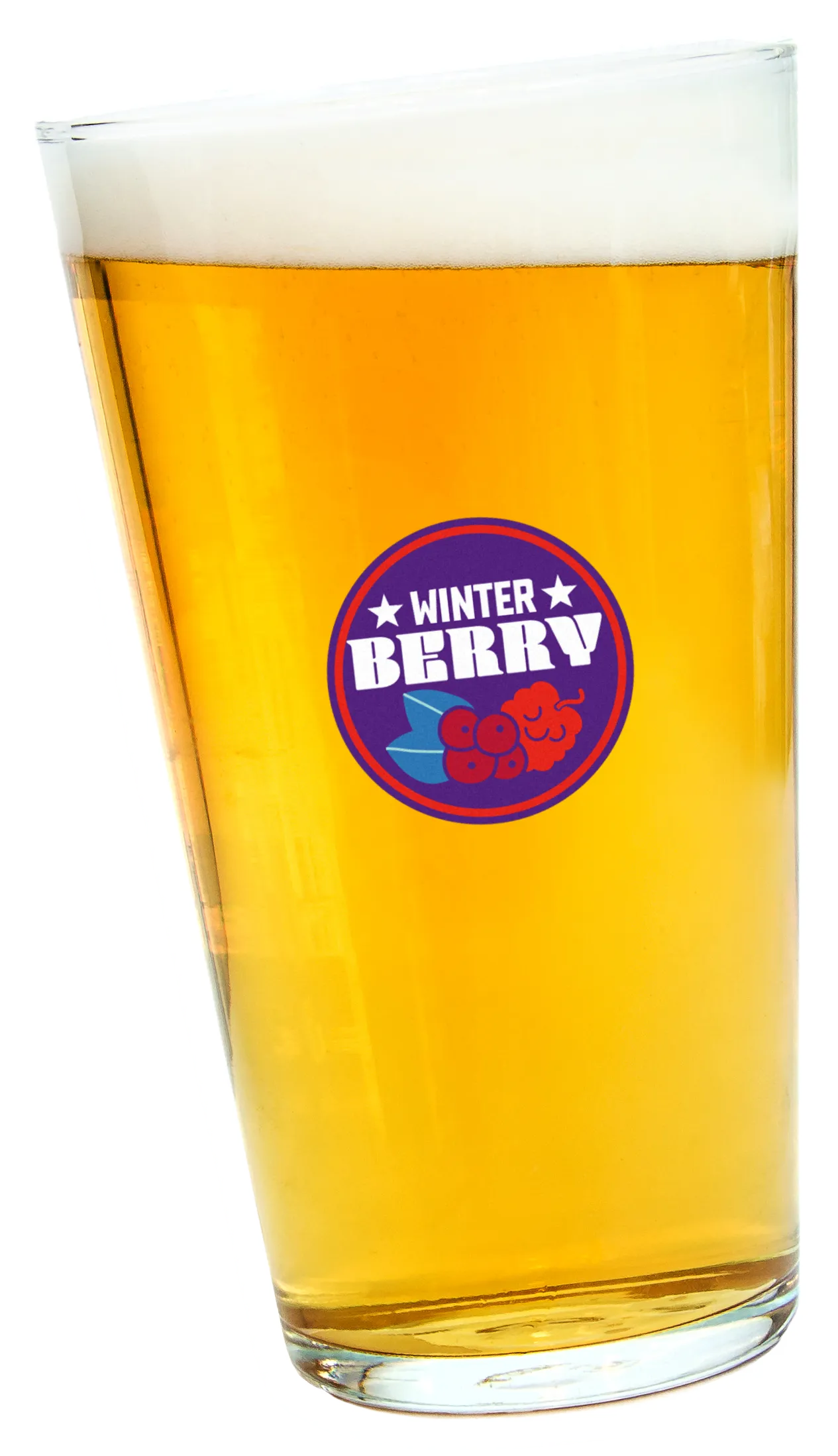 A tilted pint of beer with a "Winter Berry" logo.