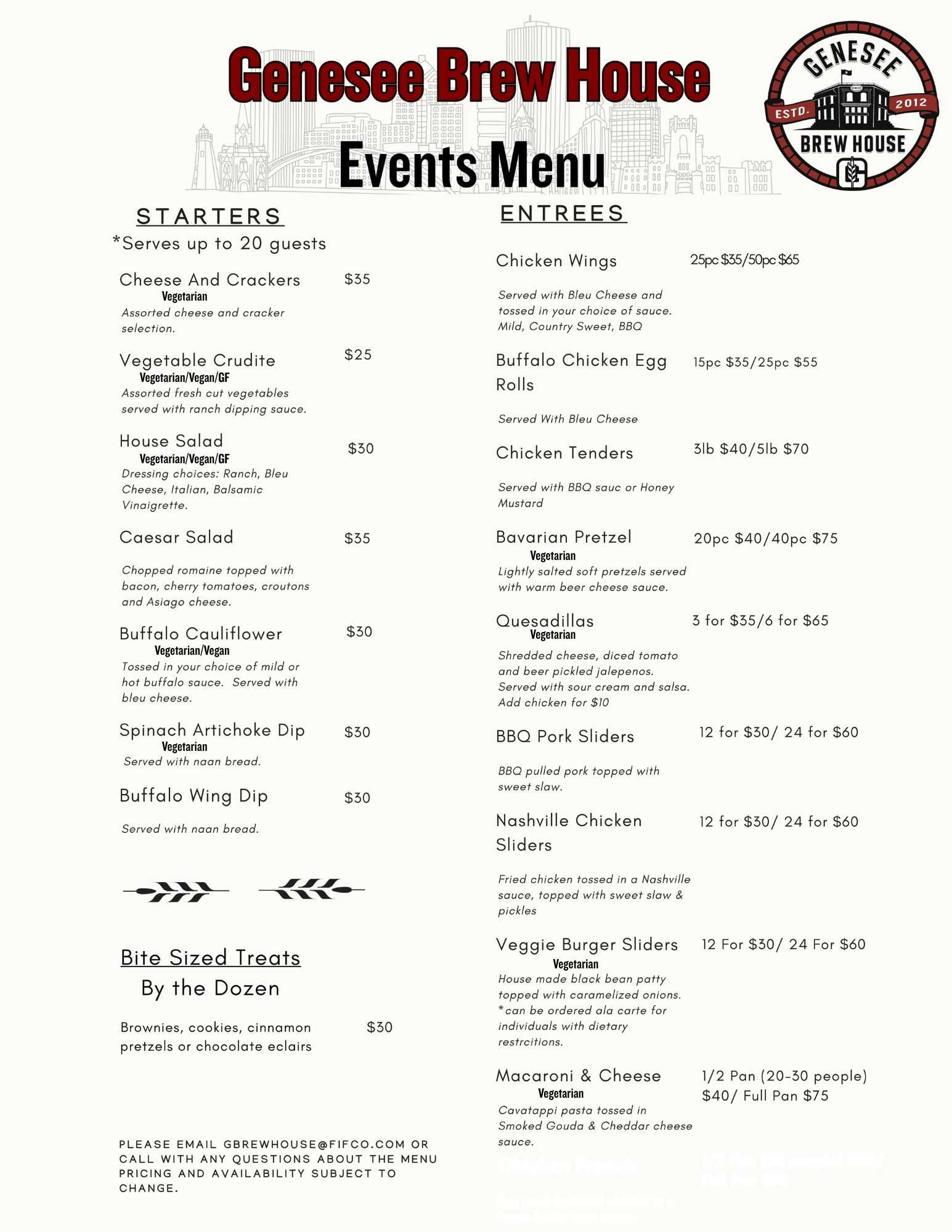 Private Events Menu